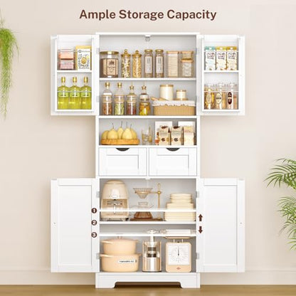 Kitchen Pantry Cabinet with Adjustable Shelf, Tall Storage Cabinet with 2 Drawers & 4 Door Shelves, Food Pantry Cabinets, for Kitchen, Dining Room, Living Room, White - color: White
