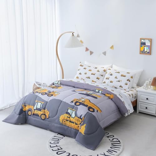 Cokouchyi Full Size Comforter Set for Boys, 5-Piece Bed in a Bag, 3D Construction Bedding Comforter Sheet Set, Ultra Soft and Fluffy, Cartoon Truck Cars - color: Truck Cars, size: Full