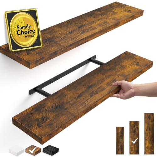 BAYKA Rustic Brown Floating Shelves 35.4in, Set of 2, Wall Mount Wood Shelf | Easy Install, 30lbs Max Load, Hidden Bracket, for Bathroom Bedroom Kitchen Display Storage Decor, Multi-Wall Compatible - color: B. Rustic Brown - Americana Farmhouse Style, siz
