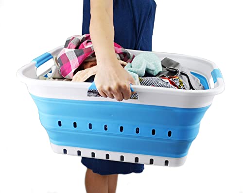 SAMMART 42L (11 gallon) Collapsible Plastic Laundry Basket - Foldable Pop Up Storage Container/Organizer - Portable Basket - Space Saving Hamper/Basket (2, White/Marine Blue) - color: White/Marine Blue