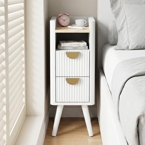 Narrow Nightstand with Drawers,Tall Skinny Bedside Table Dorm White | Small Side Table for Bedroom, Slim End Table for Livingroom, Boho Style Marble Nightstand, Set of 1 - color: White, size: 1