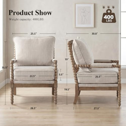 DUHOME Linen Fabric Spindle Accent Chair with Wood Frame,Modern Accent Chairs with Padded Spring Seat and Brushed White Base for Living Room Bedroom Farmhouse Home Office Belcony - color: Brown+cream, size: 1 pc
