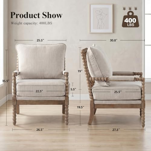 DUHOME Linen Fabric Spindle Accent Chairs Set of 2,Spool Chairs with High Resilience Spring Cushion and Armrest Pads, Leisure Armchair for Living Room Bedroom Farmhouse Home Office Belcony - color: Brown+cream, size: 2 pcs