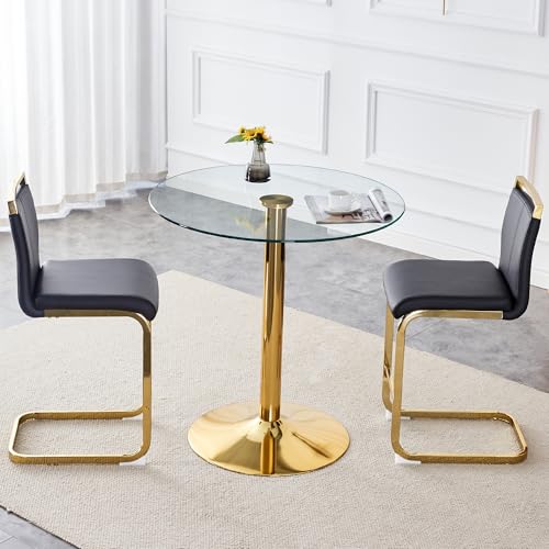 3-Piece Round Bar Table Set,Counter Height Dining Table Set,35" Tempered Glass Pub Table and Black Chairs,Round Gold bar Table Set for 2 for Small Spaces,Bistro,Kitchen,Cafe(36" H - color: Gold&black