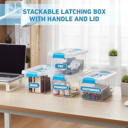 Jetec 8 Pack Clear Plastic Storage Container Bins with Lids 6.5 Qt with Blue Handles, PP Material Storage Containers, Stackable Organizer Bins for Home Office Supplies, 11.02 x 7.48 x 6.02''