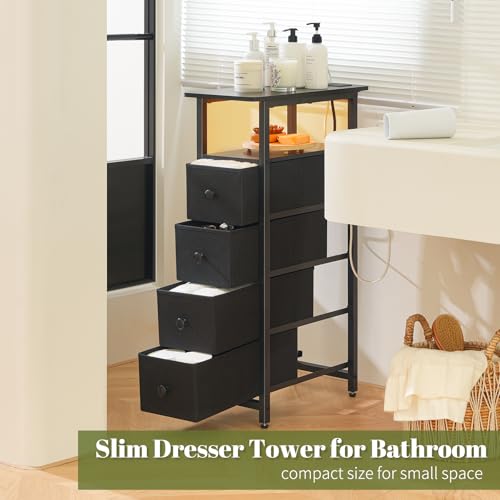 Yoobure LED Narrow Nightstand with Charging Station - Slim Dresser for Bedroom Narrow Side Table Storage Cabinet, Small Dressers Chest of Drawers, Tall Skinny Night Stand End Table for Small Spaces - color: Deep Black
