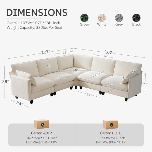 Ihanherry 107" Oversized V-Shaped Modular Sectional Sofa, Cloud Couch with Corner Section, Large Cushions, Chenille Deep Seat Couch for Living Room, Beige - color: Beige Cream, size: 107” 5 Seat V Sofa