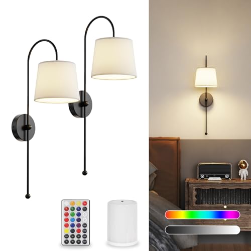Battery Operated Wall Sconces Set of Two,Rechargeable Wireless Wall Lights | Battery Wall Sconce for Living Room Bedroom,2 Battery Powered Wall Lamp with Magnetic Dimmable RGB Bulbs & Remote - Black - color: Black