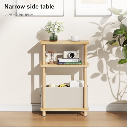 Apicizon Narrow Side Table with Fabric Basket, 3-Tier End Table, Natural | Sofa Side Table, Wood Storage Shelf, Slim Nightstand, Skinny Bedside Table for Narrow Spaces, Living Room, Bedroom - color: Natural, style: Narrow Side Table with Basket