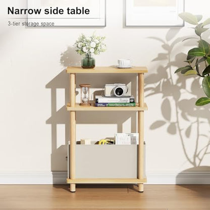 Apicizon Narrow Side Table with Fabric Basket, 3-Tier End Table, Natural | Sofa Side Table, Wood Storage Shelf, Slim Nightstand, Skinny Bedside Table for Narrow Spaces, Living Room, Bedroom - color: Natural, style: Narrow Side Table with Basket