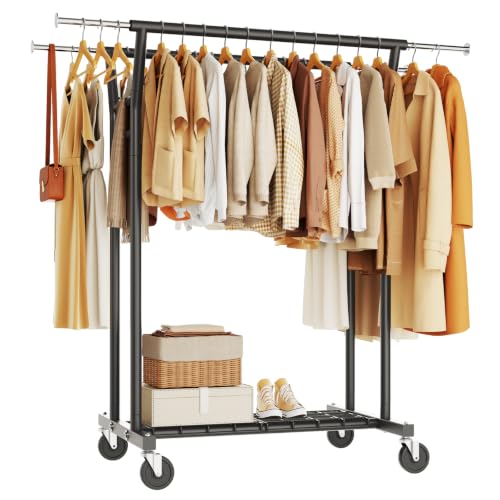 HYSEYY Heavy Duty Clothes Rack, Rolling Clothing Rack for Hanging Clothes with Shelves Load 700LBS,Portable Garment Wardrobe Closet Rack with Wheels for Bedroom,Laundry Room,Retail Store,Black - color: BLACK