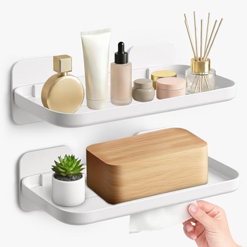 FAYYGYH 2 Pack Adhesive Floating Shelves, No Drill Small Floating Shelf | Wall Storage Damage-Free Wall Mounted Organizer for Bathroom, Kitchen, Bedroom & Office (White) - color: White