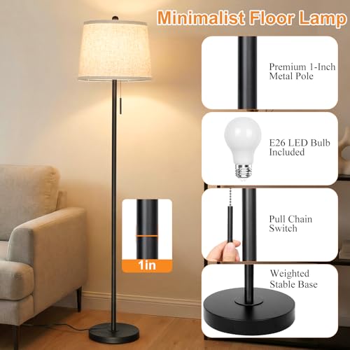 JUNNAI 【Upgraded】 Modern Black Floor Lamp 63in Standing Lamp for Living Room Bedroom Office 3 Way Brightness Dimmable Tall Pole Light with Beige Linen Shade Metal Shade 8W 3000K LED Bulb Included - color: Black