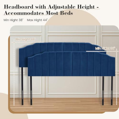 Upholstered Headboard Adjustable Height Queen/King Headboard Cream Velvet Tufted Modern Vertical Channel Design with Stepped Silhouette Top Edge(Blue King) - color: Blue, size: King