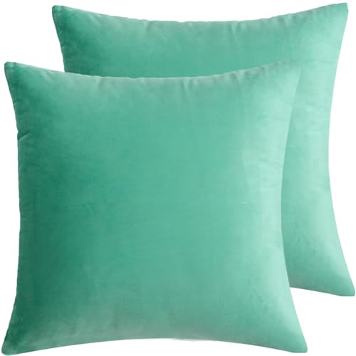Velvet Decorative Throw Pillow Covers, Soft Square Cushion Case Home Decor for Living Room Couch Bed Sofa, Set of 2 Pack, Aqua Green, 18x18 Inch - color: Aqua Green, size: 18" x 18" (Pack of 2)