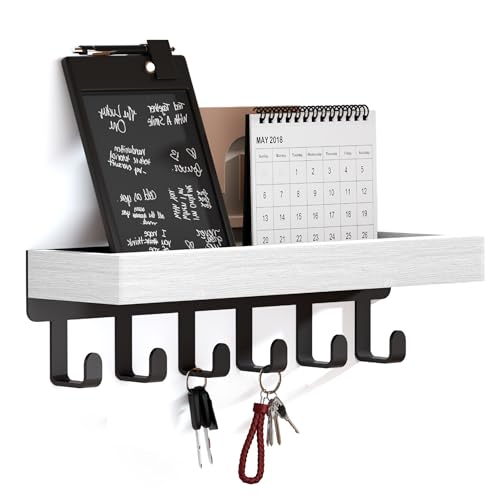 SWTYMIKI Key Holder Wall Mount - Wooden Key Hooks for Wall with Mail Organizer & 6 Hooks, 2 Installation Ways Key Hanger, Key Rack with Shelf for Entryway Living Room Bedroom Office Home Decor White - color: White