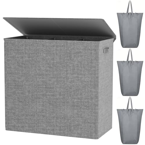 WOWLIVE 180L Laundry Hamper 3 Section, Large Laundry Basket with Lid | Dirty Clothes Hampers with Removable Bags and Handles, Collapsible Laundry Basket Organizer for Dorm Room, College, Grey - color: Grey, size: 180l (31.5"L x 12.5"W x 28"H)