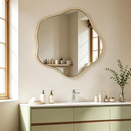 28" Scalloped Irregular Mirror with Gold Metal Frame | Asymmetrical Design, Horizontal/Vertical Hanging, Wavy Round Art Deco Wall Mirror for Entryway Bedroom Bathroom Living Room - color: Gold, size: 28"L x 28"W