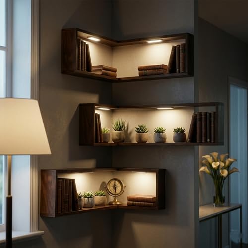 Floating Corner Shelves Set of Three Wall Mounted Wood Storage Display Rack Space Saving Organizer for Bedroom Living Room Kitchen(Includes LEDs) (2)
