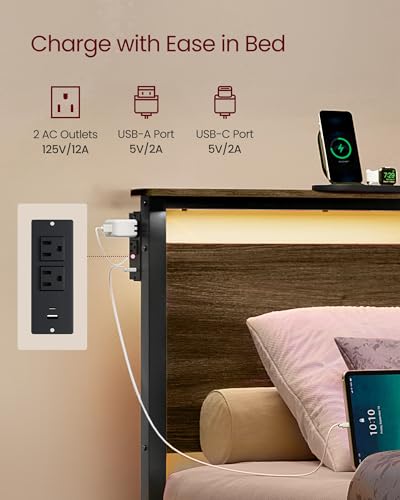 VASAGLE Twin Size Metal Bed Frame with Headboard, Multifunctional Storage, Built-in LED Lights, Charging Station, Bookshelf, Bedside Shelf, Space-Saving, No Box Spring Needed, Ash Brown URMB963K01 - color: Ash Brown