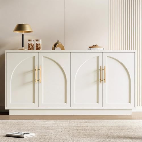 Fatmok 59" Sideboard Buffet Cabinet & TV Stand Set of 2, Modern Arched Credenza with Adjustable Shelves and Long Metal Handles, Wood Console Coffee Bar Storage for Living Room, Beige(Not White) - color: Aa-beige