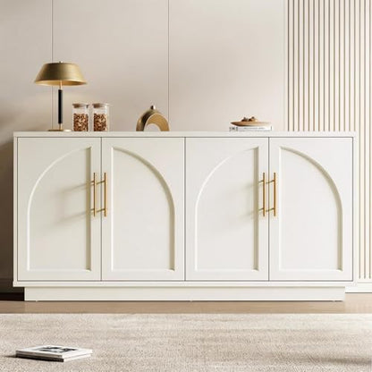 Fatmok 59" Sideboard Buffet Cabinet & TV Stand Set of 2, Modern Arched Credenza with Adjustable Shelves and Long Metal Handles, Wood Console Coffee Bar Storage for Living Room, Beige(Not White) - color: Aa-beige
