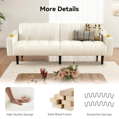 80'' Futon Sofa Bed,Faux Leather Futon Sleeper Sofa, Convertible Loveseat with Adjustable Sofa Backrest,Modern Couches for Living Room, Bedroom, Apartment, Office (Beige) - color: Faux Leather Beige