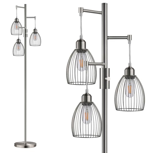 Dimmable Floor Lamp, Industrial Floor Lamps for Living Room, Brushed Nickel Tree Lamp Standing Lamp Tall Lamps with 3 Elegant Teardrop Cage Head & 800 Lumens LED Bulbs for Living Room Bedroom Office - color: Brushed Nickel-70 inches