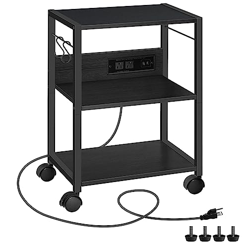 MAHANCRIS Industrial Printer Cart, 3-Tier Mobile Printer Stand, Rolling Cart with Power Outlets and USB Ports, Home Printer Stand with 2 Hooks, for Office, Living Room, Black PTHB40E01 - color: Black