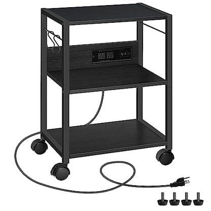 MAHANCRIS Industrial Printer Cart, 3-Tier Mobile Printer Stand, Rolling Cart with Power Outlets and USB Ports, Home Printer Stand with 2 Hooks, for Office, Living Room, Black PTHB40E01 - color: Black