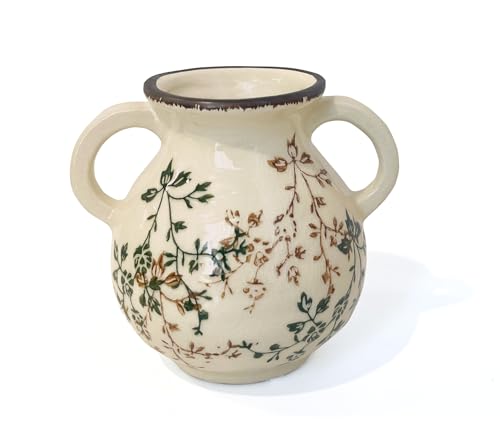 LIFFY Vintage Pastoral Vase with Handles, Retro Ceramic Flower Vase, Green and Beige Rustic Farmhouse Vases Chinoiserie Floral Large Vase for Home Decor, Living Room, Kitchen, Bedroom 6.3 Inch - color: Cream Pastoral