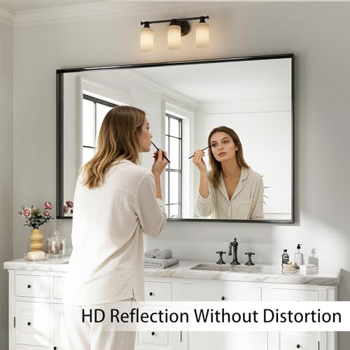 48x30 Black Bathroom Mirrors for Over Sink, Wall Mounted Bathroom Vanity Mirror, HD Distortion-Free Tempered Glass, Anti-Rust Brushed Matte Aluminum Alloy Frame, Horizontal or Vertical Hanging - size: 48"L x 30"W