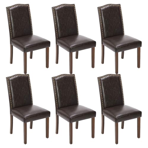 Kitchen Chairs Set of 6 Modern Upholstered Fabric Seat with Nailhead Trim and Ergonomic Lumbar Support for Living Room and Rustic Farmhouse Dining Area, Dark Brown - color: Dark Brown, style: set of 6