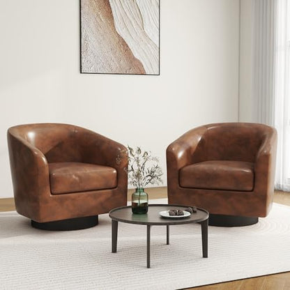 Swivel Barrel Accent Chair, Comfy Reading Armchair, Coffee, Set of 2 | Club Chairs for Adults, Low-Back Design, Modern Round Style, Solid Wood Frame & Metal Swivel Base, For Living Room & Bedroom - color: Coffee
