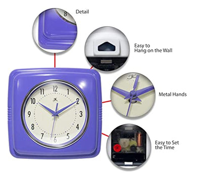 Infinity Instruments 9 Inch Square Clock - Retro Wall Clock - Silent Non-Ticking Mid Century Modern Kitchen Clock Decorative - Veri Peri - color: Veri Peri