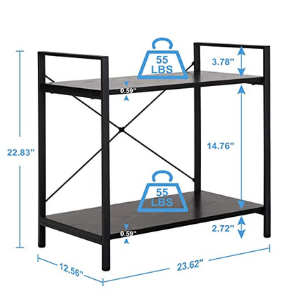 Nouva Small Bookshelf for Small Space 2 Tier Industrial Bookcase Wood and Metal Bookshelves Open Shelf for Bedroom, Living Room, Office, Kitchen, Dark Gray Oak