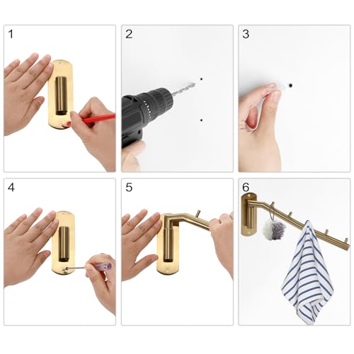 Sumnacon Stainless Steel Clothes Hanger Rack-Wall Mount Garment Hook with Swing Arm, Sturdy Coat Robe Storage Organizer for Laundry Room Bedrooms Clothing Drying Rack with 5 Hooks, Gold - color: Gold