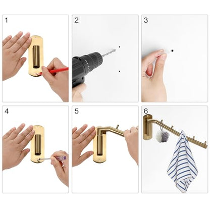 Sumnacon Stainless Steel Clothes Hanger Rack-Wall Mount Garment Hook with Swing Arm, Sturdy Coat Robe Storage Organizer for Laundry Room Bedrooms Clothing Drying Rack with 5 Hooks, Gold - color: Gold