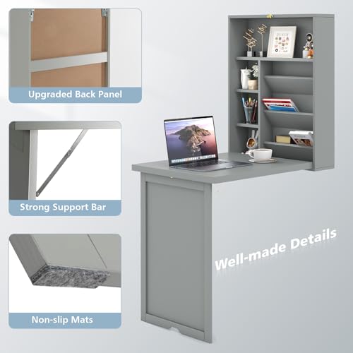 GOFLAME Wall Mounted Folding Desk with 3-Tier Tilt Storage Partition and Adjustable Shelves, Space-Saving Convertible Writing Desk for Home Office, Gray - color: Grey