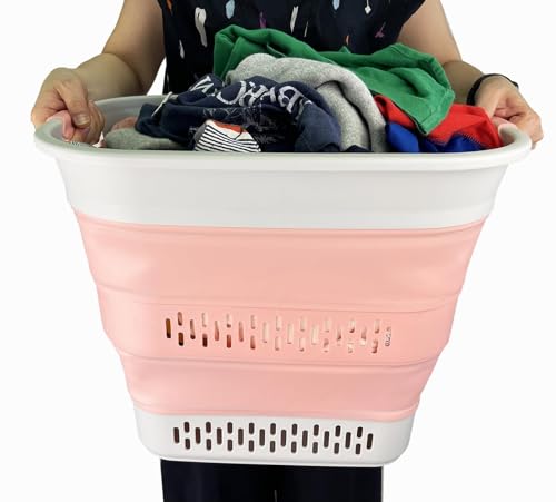 SAMMART 40L (10.5 Gallon) Collapsible Plastic Laundry Basket - Foldable Pop Up Storage Container/Organizer - Portable Laundry Hamper - Space Saving (1, Grey/Quartz Pink) - color: Grey/Quartz Pink