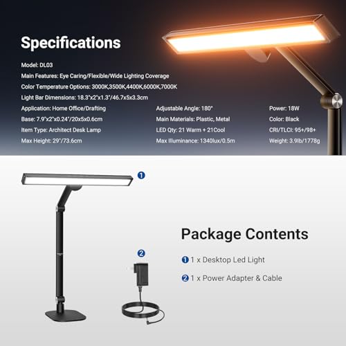 NEEWRE Basics 18" LED Video Light Bar with Base for Desk, 18W Bi Color Eye Friendly Dimmable Overhead Architect Lighting for Video Conference Zoom, 1340lux/0.5m, Touch Control/CRI95+, DL03