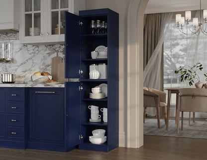 Solid Wood Kitchen Pantry - Narrow Storage Cabinet - Raised Panel Doors, Adjustable Shelves, Navy Blue, 16.5" Wide x 71.5" Tall, 100% Eco-Friendly Wood, Modular Pantry Cabinet Systems - color: Navy Blue, style: Raised Panel Doors