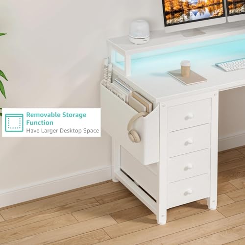 Lufeiya L Shaped Desk with Led Lights and Power Outlets, 47 Inch Writing Study Computer Gaming Desks with Fabric Drawers for Bedroom, Home Office Corner Desk with Monitor Stand Shelves, White