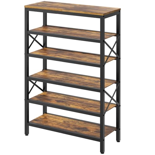 6-Tier Tall Shoe Rack Organizer, Wooden Shoe Storage for Closet Holds 24 Pairs, Sturdy Shoe Shelf with X-Shaped Metal Support, for Entryway, Bedroom, Rustic Brown and Black SS206BR - color: Rustic Brown + Black, size: 27.8" x 11" x 40.2"