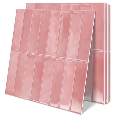 10 Sheets Upgraded Thicker Design Subway Tile Peel and Stick Backsplash | 12”×12”Self Adhesive Wall Tiles Stick on Back Splash for Kitchen,Bathroom,Camper(Pink) - color: Pink