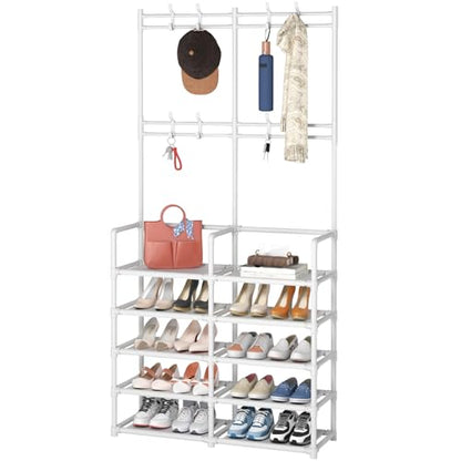 Laiensia 5-Tier Entryway Coat Rack, Coat and Shoe Rack, Entryway Bench Storage Organizer with 8 Hooks for Bedroom, Hallway, Office, White - color: White