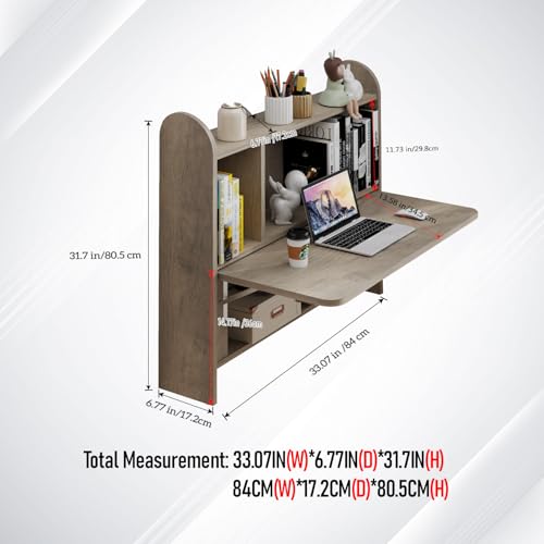 Wall Mounted Drop-Leaf Table, Floating Laptop Desk, Folding Table with Shelves, Multifunctional Computer Workstation with Storage Compartments in Home Office for Space Saving (Rustic Oak) - color: Rustic Oak