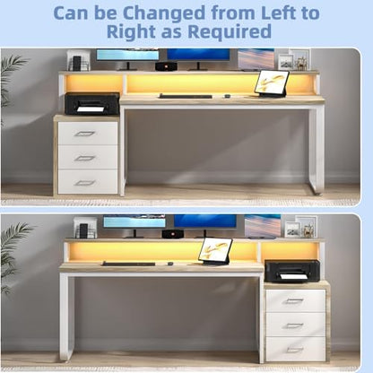 MaverickFurni 67" Home Office Desk with 3 Drawers and LED Lights, Walnut | Reversible Computer Desk with Monitor Stand and Printer Shelf, Office Desk with Spacious Work Space, White and Walnut - color: White and Walnut