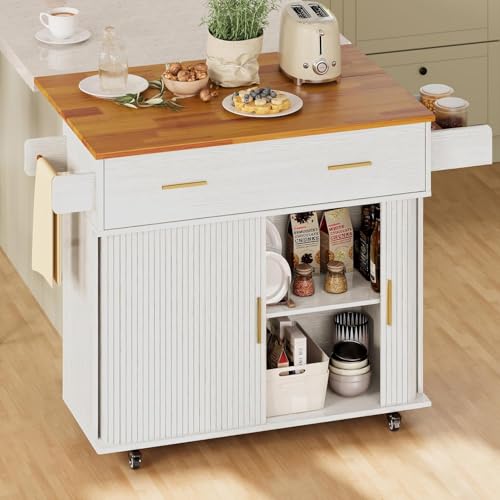 DHH Rolling Kitchen Island with Drop Leaf Countertop&Ample Storage - 39.4" Small Mobile Kitchen Cart On Wheels with Sliding Door,Drawers,Spice Rack & 2-Tier Storage(Grayish White) - color: Grayish White