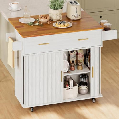 DHH Rolling Kitchen Island with Drop Leaf Countertop&Ample Storage - 39.4" Small Mobile Kitchen Cart On Wheels with Sliding Door,Drawers,Spice Rack & 2-Tier Storage(Grayish White) - color: Grayish White